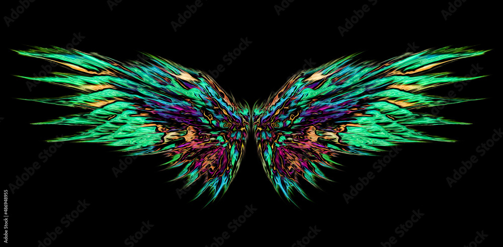 Abstract angel wings for sticker or blanket design. Beautiful, magical, abstract, psychedelic, glowing, green wings. Abstract angel wings for sticker or blanket design. Beautiful, magical, abstract, psychedelic, glowing, green wings.