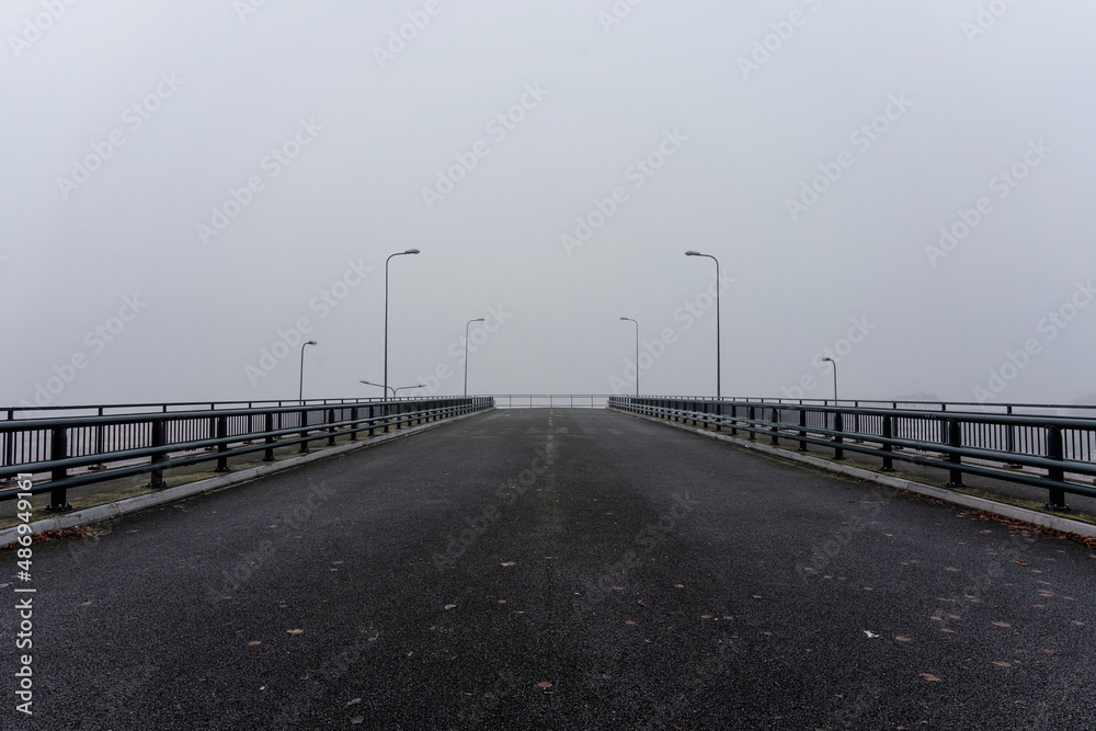 Wide bridge with railings and street lamps. Bridge to nowhere. Perspective into the distance (1144)