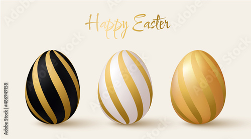 Easter eggs set. Black, white and gold 3d design elements with gold pattern.