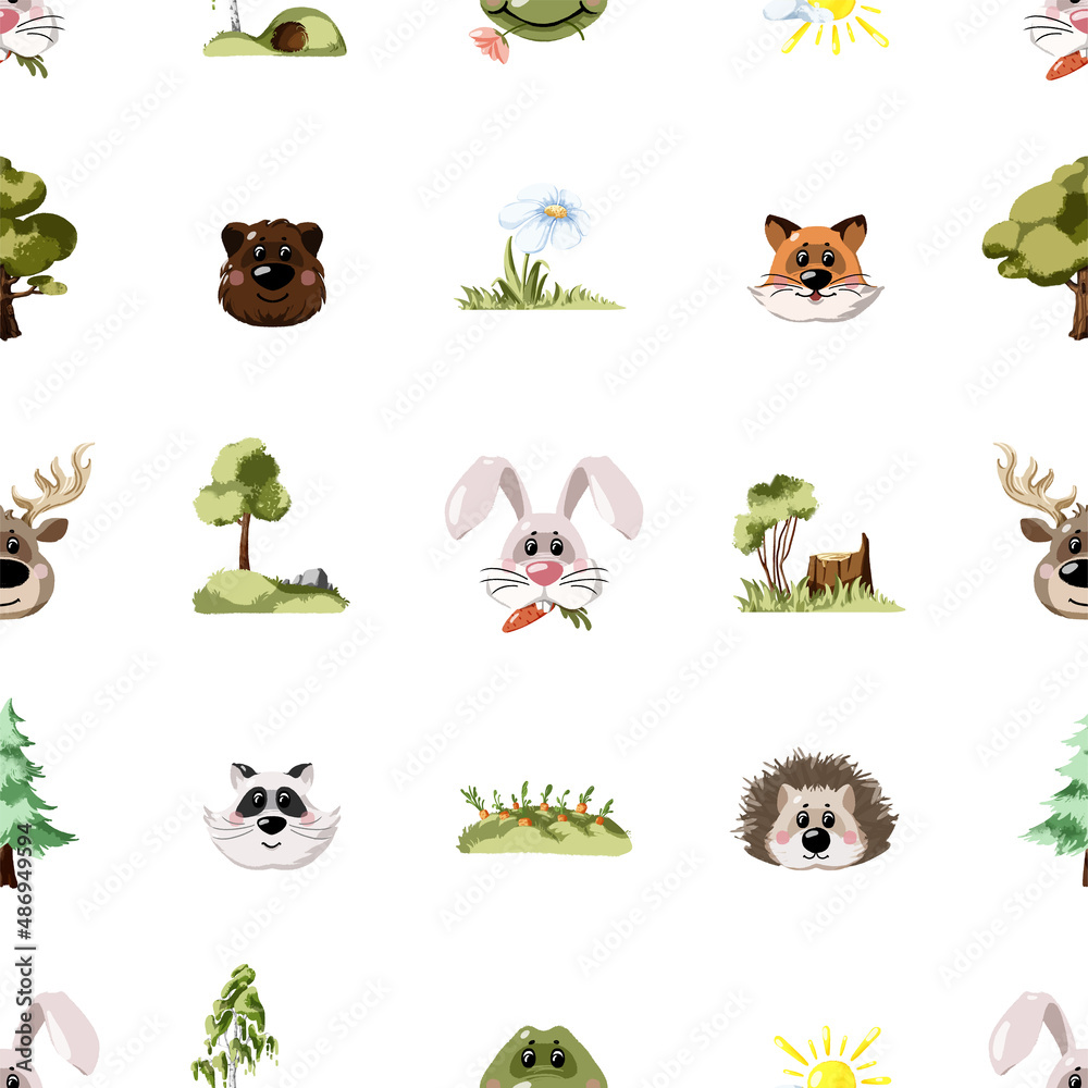 Vector seamless pattern with cute forest animals personages Vector seamless pattern with cute forest animals personages