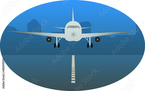 Modern white airplane for travel and tourism isolated on city background, large highspeed transport with road, sky jet for business
