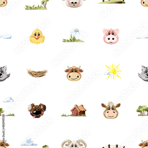Vector seamless pattern with cute farm animals personages
