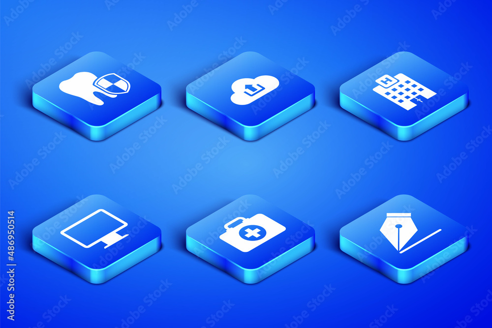 Set Fountain pen nib, Dental protection, First aid kit, Computer monitor screen, Cloud upload and Medical hospital building icon. Vector Set Fountain pen nib, Dental protection, First aid kit, Computer monitor screen, Cloud upload and Medical hospital building icon. Vector