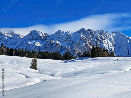 Winter ambience and beautiful idyllic atmosphere on the snow-capped Alpine mountain Alpstein in the Appenzell Alps massif - Switzerland (Schweiz) © Mario