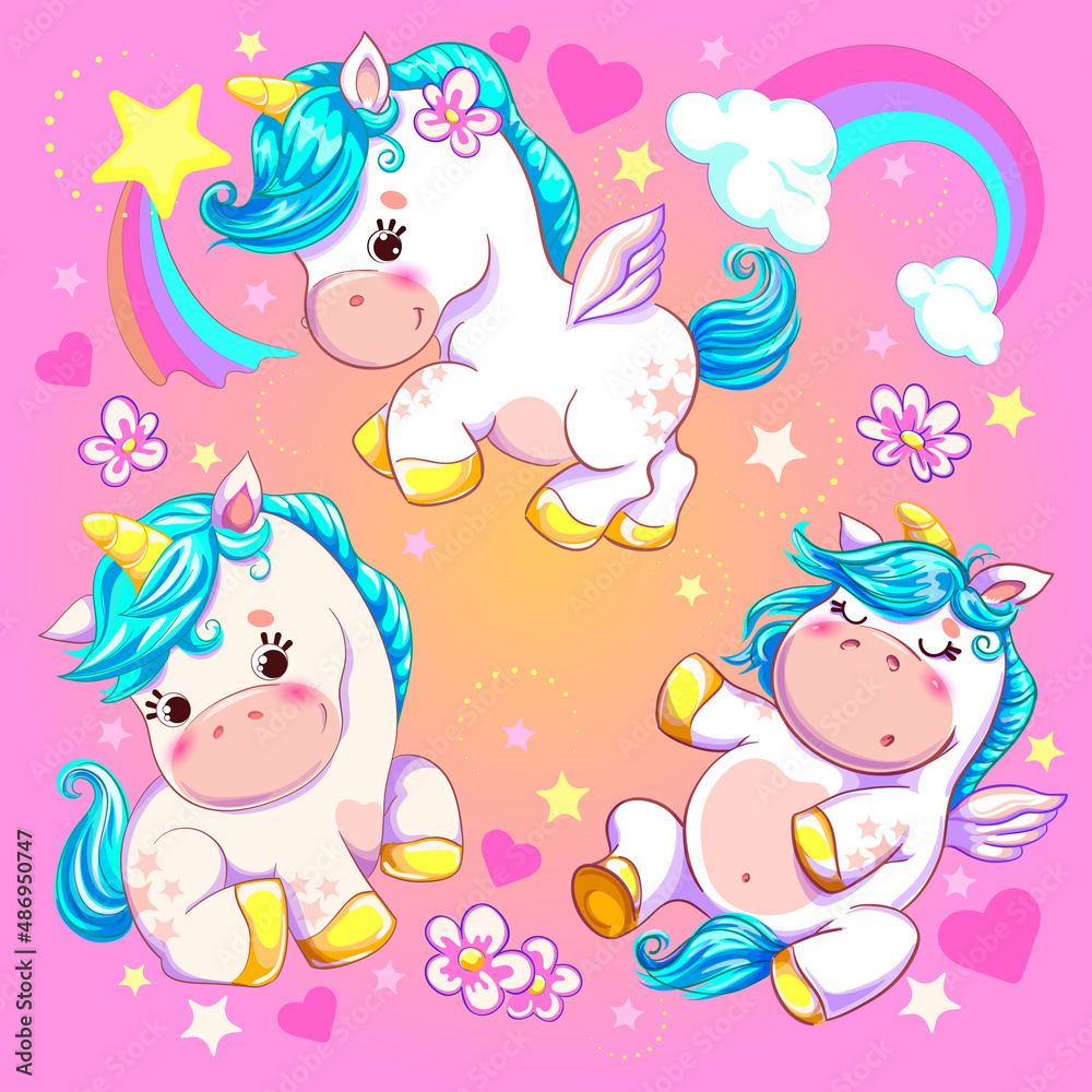 Vector illustration a set of cute different unicorns in the same style on a magic background with rainbows, stars, sparks, flowers, hearts, clouds can be used as isolates, in print, polygraphy backgro Vector illustration a set of cute different unicorns in the same style on a magic background with rainbows, stars, sparks, flowers, hearts, clouds can be used as isolates, in print, polygraphy backgro