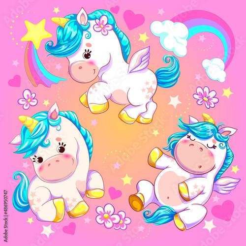 Vector illustration a set of cute different unicorns in the same style on a magic background with rainbows, stars, sparks, flowers, hearts, clouds can be used as isolates, in print, polygraphy backgro