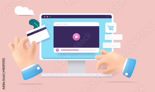 Buying videos online - Hand purchasing video service with credit card on web page. Vector illustration