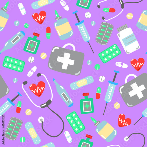 Seamless pattern with medical items with violet background