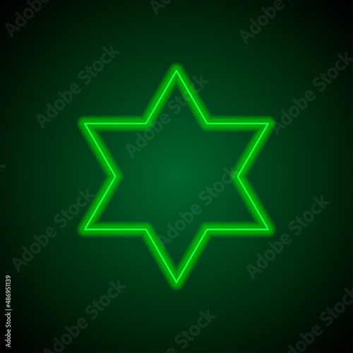 Shield of David simple icon vector. Flat desing. Green neon on black background with green light.ai