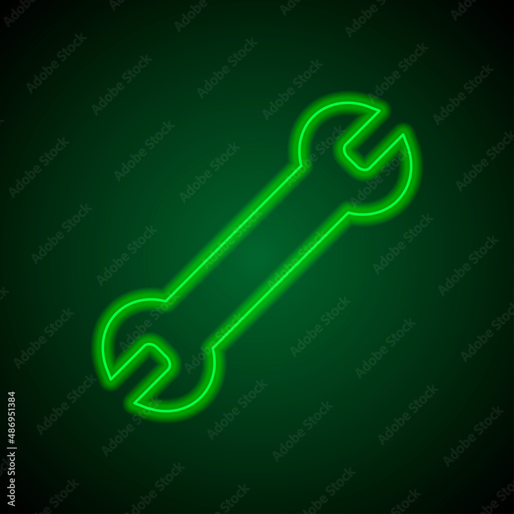 Wrench simple icon vector. Flat desing. Green neon on black background with green light.ai Wrench simple icon vector. Flat desing. Green neon on black background with green light.ai