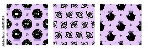 Set, collection of three vector seamless pattern backgrounds for magic and witchcraft design with crystal balls, magic eyes and witch cauldrons.
