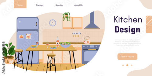 Kitchen interior design vector banner. Dining room decoration. Modern interior design service. Home renovation studio. Ad template for designing interiors online service