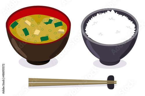 A bowl of rice and miso soup.