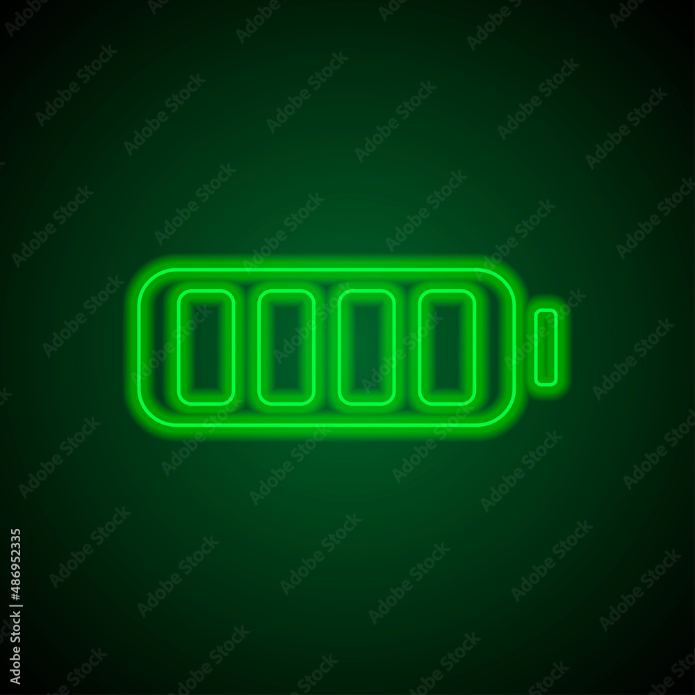 Battery simple icon, vector. Flat desing. Green neon on black background with green light Battery simple icon, vector. Flat desing. Green neon on black background with green light