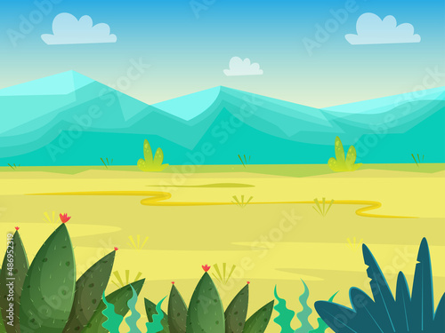 North american prairie landscape with mountains and cacti.