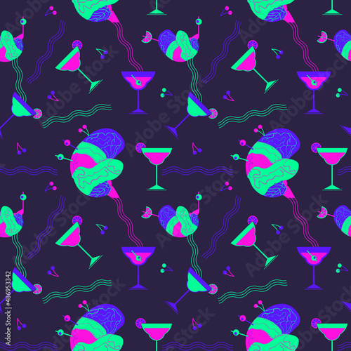 90s Nostalgia fashion surreal vector seamless pattern background. Funky brain, alcoholic drink trendy psychedelic weird style. Evoke 90s fashion aesthetic design illustration. Bold colors illustration