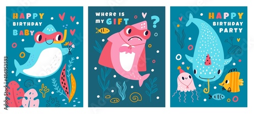 Cute shark birthday party greeting cards. Funny ocean creatures. Cartoon comic marine fish characters with holiday accessories. Aquatic underwater animals. Vector celebration postcard set