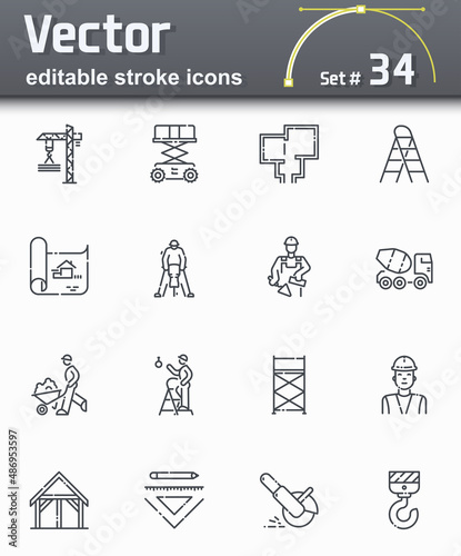 Set of editable stroke vector construction line icons isolated