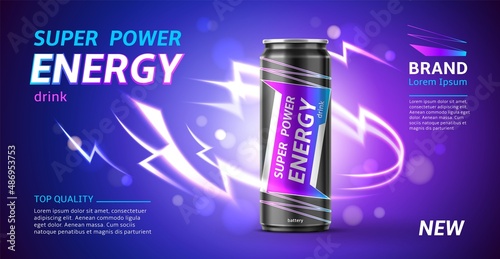 Energy drink banner. 3D realistic aluminium can with super power beverage. Shining lightning. Dark backdrop with light flashes. Package design for branding. Vector advertising poster