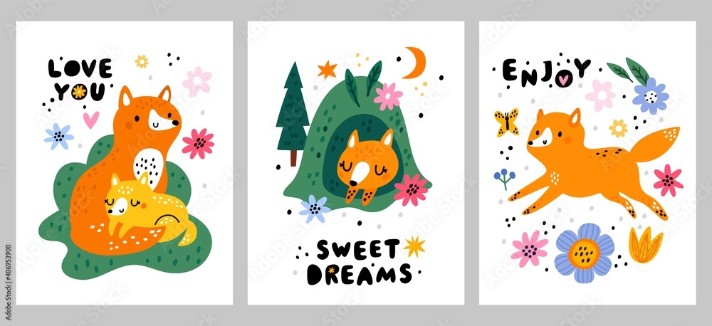 Funny fox cards. Nordic kids style animals. Cartoon forest wildlife characters. Childish posters with motivational text. Furry vixens dream or play in meadow. Vector woodland predator set