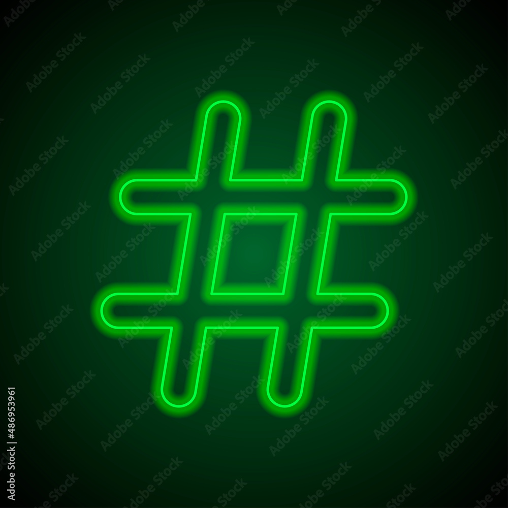 Fototapeta premium Hashtag simple icon vector. Flat desing. Green neon on black background with green light