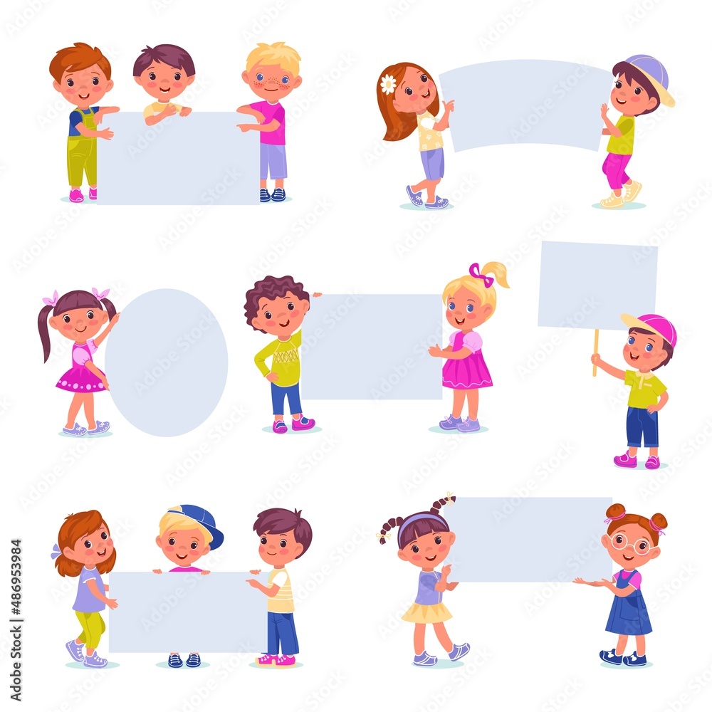 Kids holding banners. Funny girls and boys with blank posters different shapes, cute children with big paper sheets, white advertising placards with copy space, vector cartoon flat style isolated set Kids holding banners. Funny girls and boys with blank posters different shapes, cute children with big paper sheets, white advertising placards with copy space, vector cartoon flat style isolated set