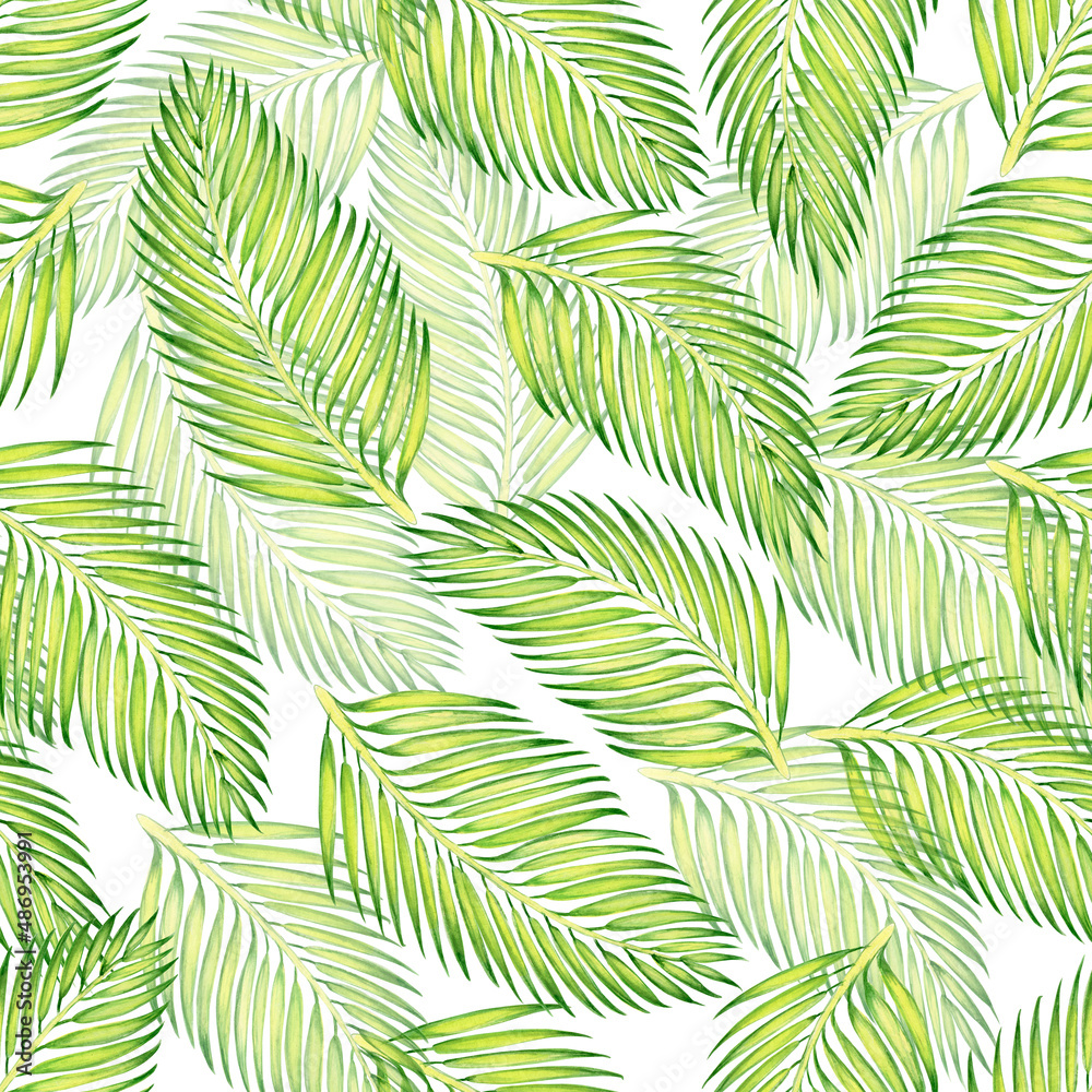 Watercolor seamless pattern. Palm leaves, in a chaotic position.