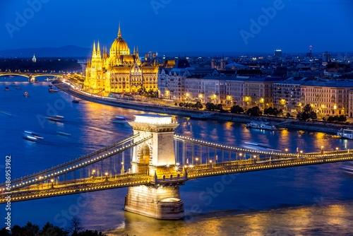 Chain Bridge and the Parliament in Budapest at night, Hungary