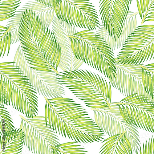 Watercolor seamless pattern. Palm leaves  in a chaotic position.