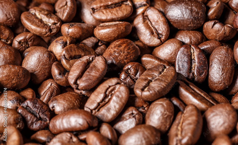 Fototapeta premium Freshly roasted coffee beans background.Dark roasted coffee beans with scoop on wooden background.