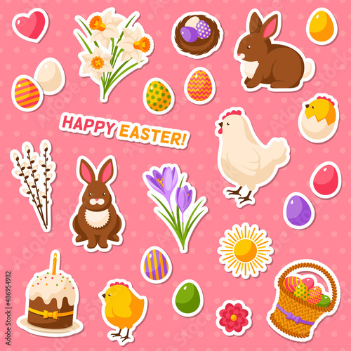 Easter scrapbook set. Icons, Stickers and other elements. Vector illustration. Cute Happy Easter Objects. Chick and Hen, Daffodils and Crocuses, Sweet Cake, Chocolate Rabbit. Easter Egg Hunt.