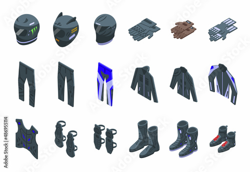 Motorcycle equipment icons set isometric vector. Jacket helmet. Bike enduro