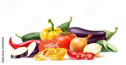 Realistic vegetables composition. Plant origin ingredients. Raw fresh products. Organic tomatoes and onions. Vegan food. Whole or sliced eggplants. Cucumbers and peppers. Vector concept