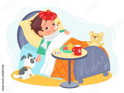 Sick kid in bed. Ill little boy in bed with thermometer in mouth  puppy licks hand  colds and flu  treatment and recovery  unhealthy character with fever  vector concept