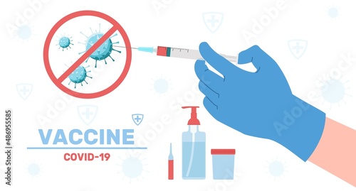 Syringe hands. Vaccination poster. Doctors arm in medical glove holds injector with vaccine. Fight against pandemic. Health care. Coronavirus prevention. Stop virus. Vector concept