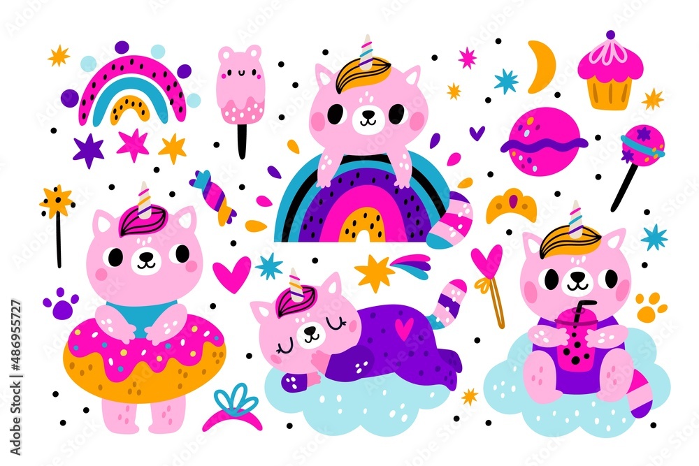 Unicorns with sweets. Fabulous kawaii cats. Pink kittens with color horn. Magic fairy tale characters on clouds and rainbow. Magical wand and candies. Vector funny domestic animals set Unicorns with sweets. Fabulous kawaii cats. Pink kittens with color horn. Magic fairy tale characters on clouds and rainbow. Magical wand and candies. Vector funny domestic animals set