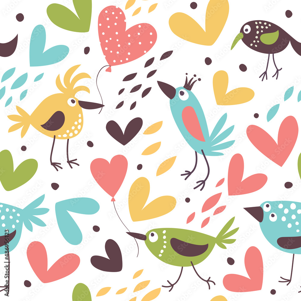 Seamless vector background with birds and flowers. Children's style.
