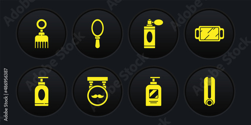 Set Cream or lotion cosmetic tube, Hand mirror, Barbershop, Bottle of shampoo, Aftershave bottle with atomizer, Curling iron for hair and Hairbrush icon. Vector