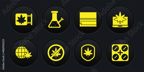 Set Legalize marijuana globe, Laptop and or cannabis, Stop leaf, Shield, Rolling paper, Glass bong for smoking, Medical pills with and Marijuana store icon. Vector