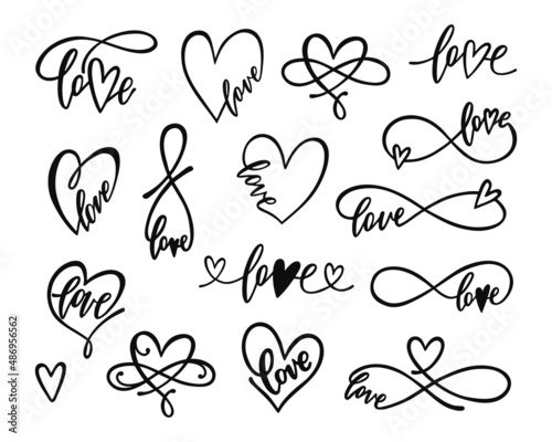 Love with heart and infinity sign hand drawn lettering set. Phrases for Valentine's day.
