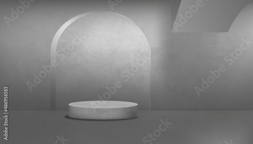 Grey Concrete studio room with 3D podium mockup,Vector backdrop empty modern loft design with lighting on back wall and rough gray cement floor, industrial interior background template