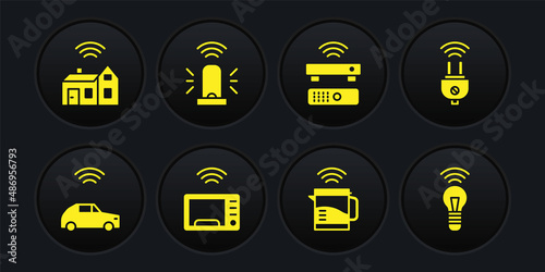Set Smart car system with wireless, electric plug, microwave oven, kettle, Wireless TV box receiver, flasher siren, light bulb and home icon. Vector