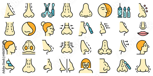Rhinoplasty icons set outline vector. Human nose. Closed adjustment