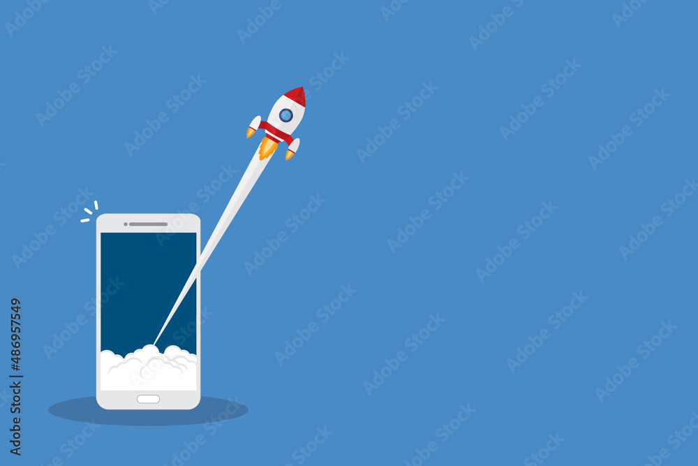 App launch. Startup vector concept, flat cartoon rocket or rocketship ...
