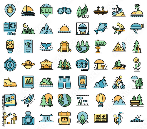 Eco tourism icons set outline vector. Fauna nature. Flora bird