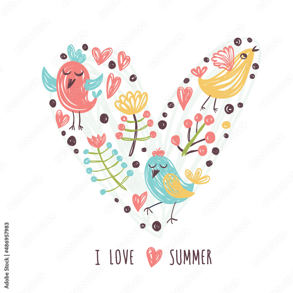 Cute print with heart and birds. Cute print with heart and birds.