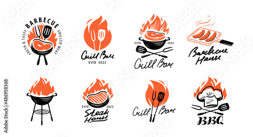 BBQ and grill emblem set. Barbecue labels, badges and design elements for restaurant menu