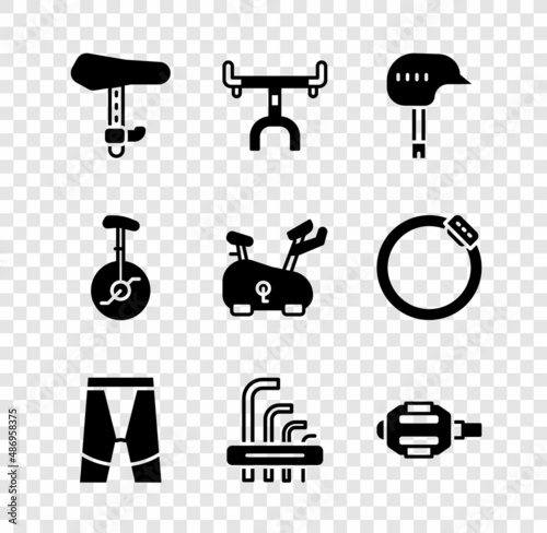 Set Bicycle seat, handlebar, helmet, Cycling shorts, Tool allen keys, pedal, Unicycle one wheel bicycle and Stationary icon. Vector