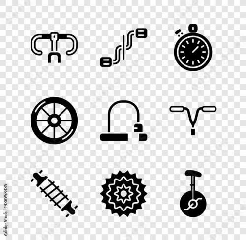 Set Bicycle handlebar, pedals, Stopwatch, suspension, cassette, Unicycle or one wheel bicycle, and lock icon. Vector