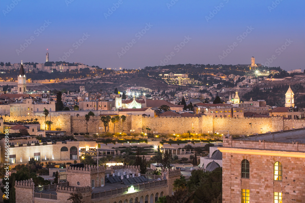 Panorama of Jerusalem from above at night, Israel